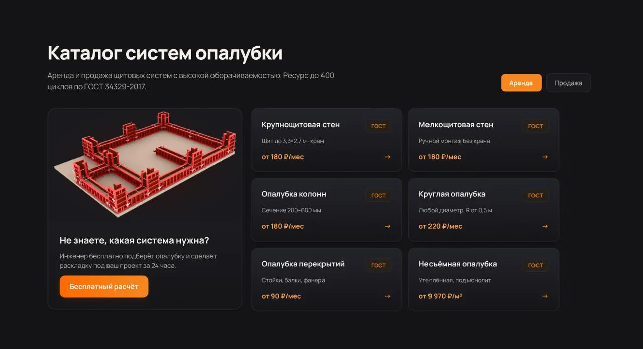 Каталог систем опалубки с ценой аренды и подбором по задаче